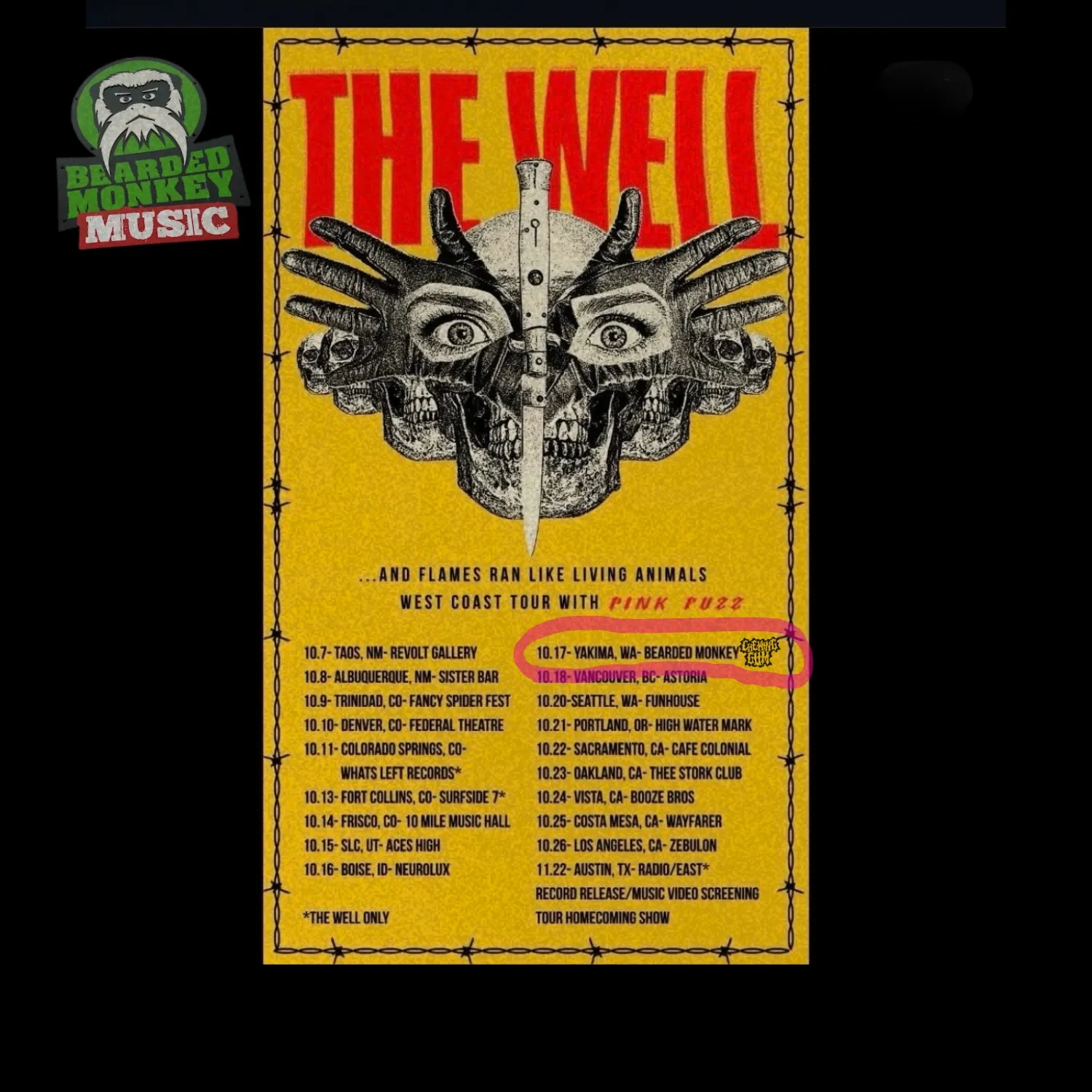 Tour flyer for The Well and Pink Fuzz showing the October 17 date at Bearded Monkey in Yakima, WA.