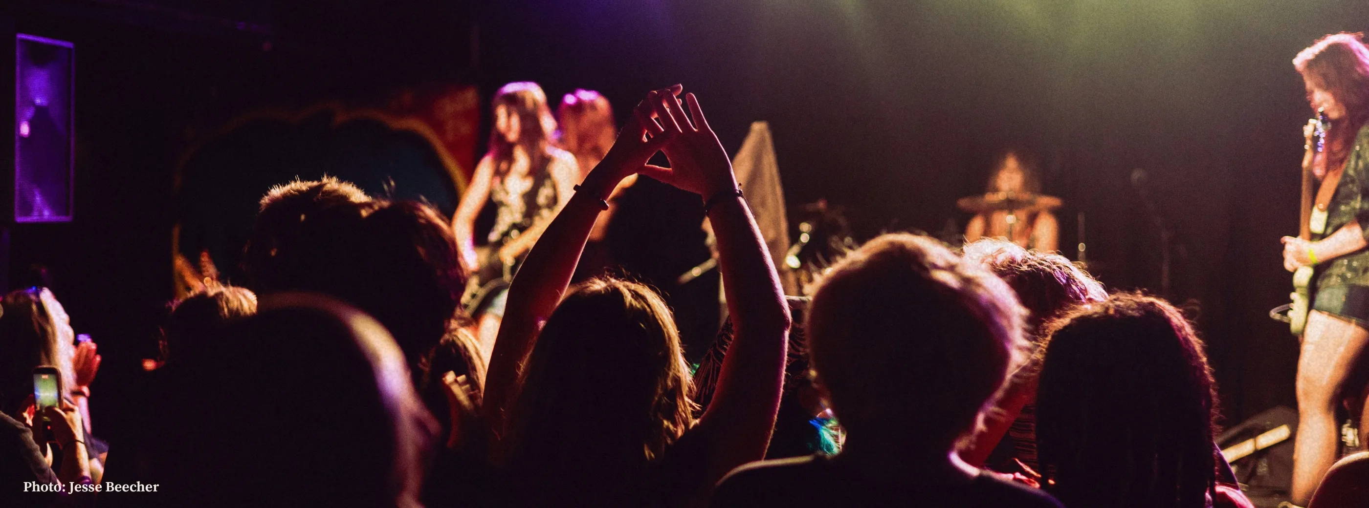 Chewing Gum on stage under green and purple lights, with a fan's raised hands in the foreground.